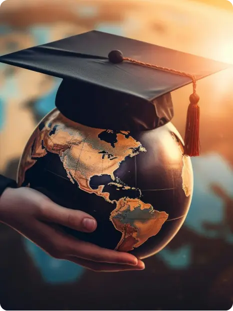 Hands holding globe with graduation cap